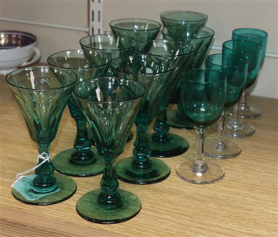 A set of nine green wine glasses and set of four green bowled wine glasses (13)